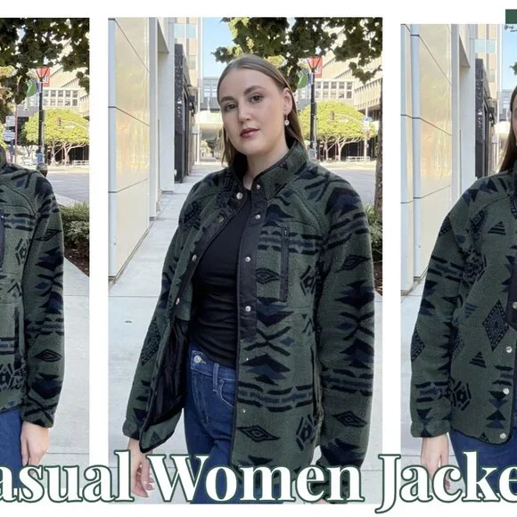 Cozy Fleece Jacket Western Aztec Print Snap Button Down Coat with Pockets